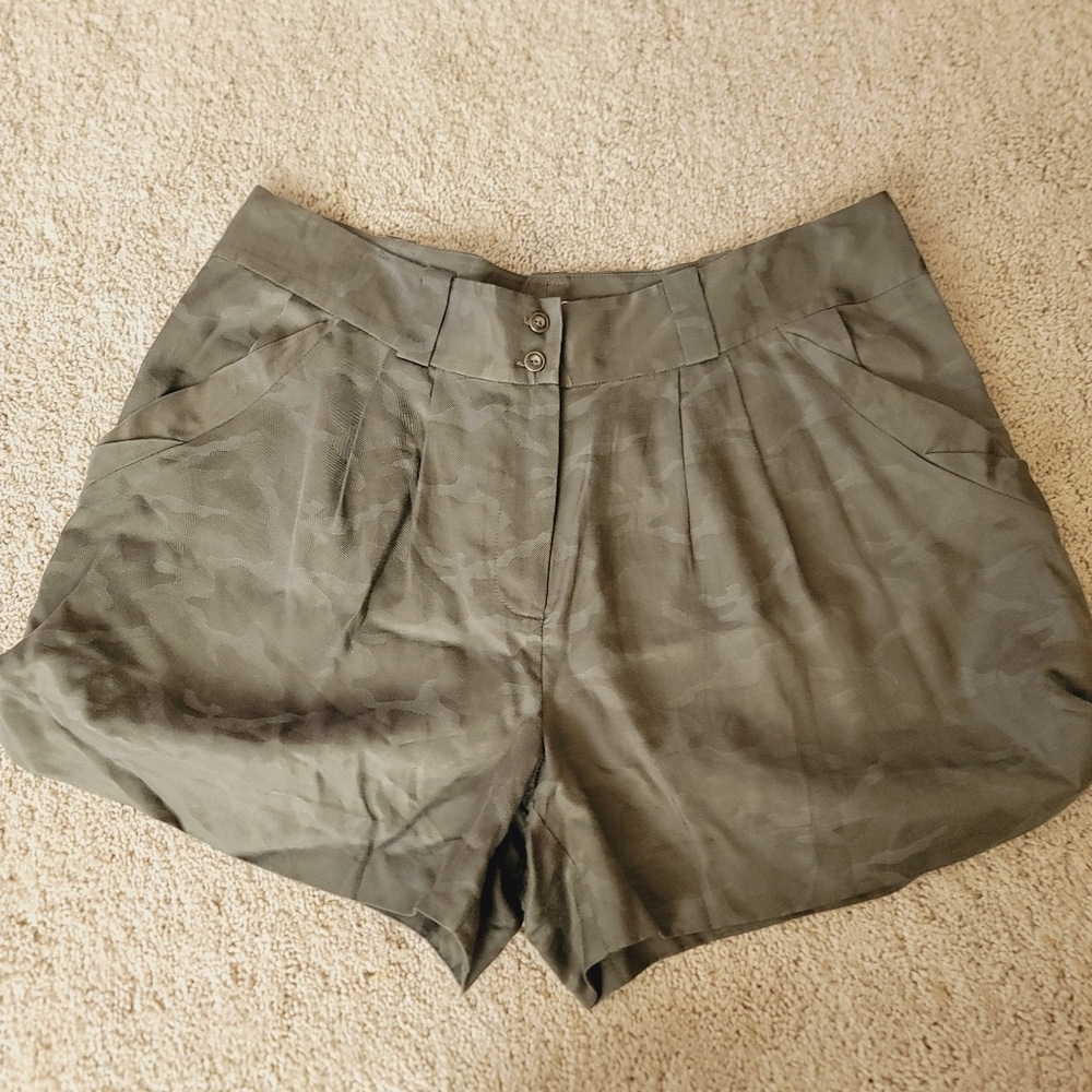 Diane Von Furstenberg Olive Green Camo Silk Blend Shorts